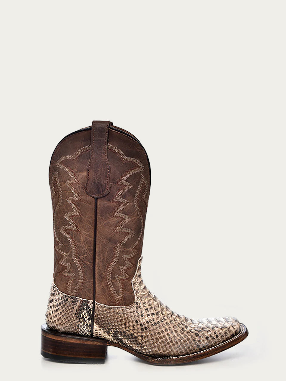 MEN'S EMBROIDERY NATURAL PYTHON BROWN SQUARE TOE COWBOY BOOT
