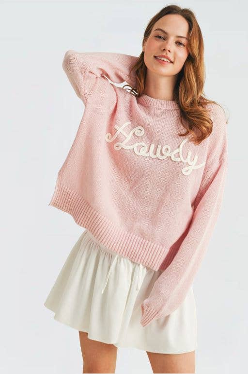 "Howdy" embroidered knit sweater