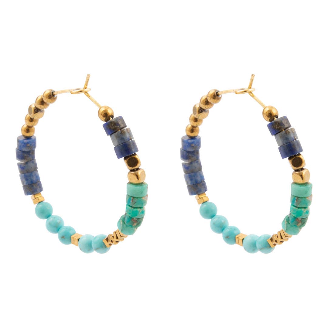Blue Turquoise and Blue Lapis Golden Hoop Earrings