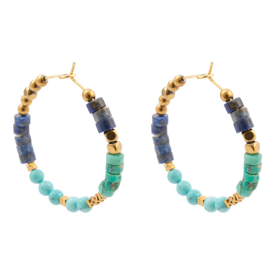 Blue Turquoise and Blue Lapis Golden Hoop Earrings