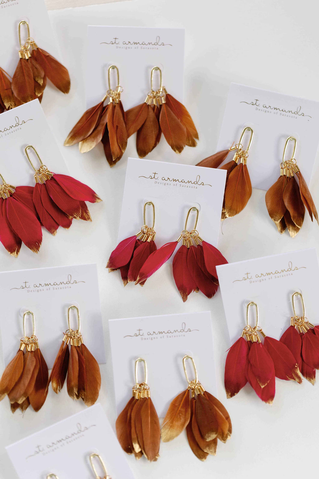 Garnet Gold Dipped Fall Feather Statement Earrings