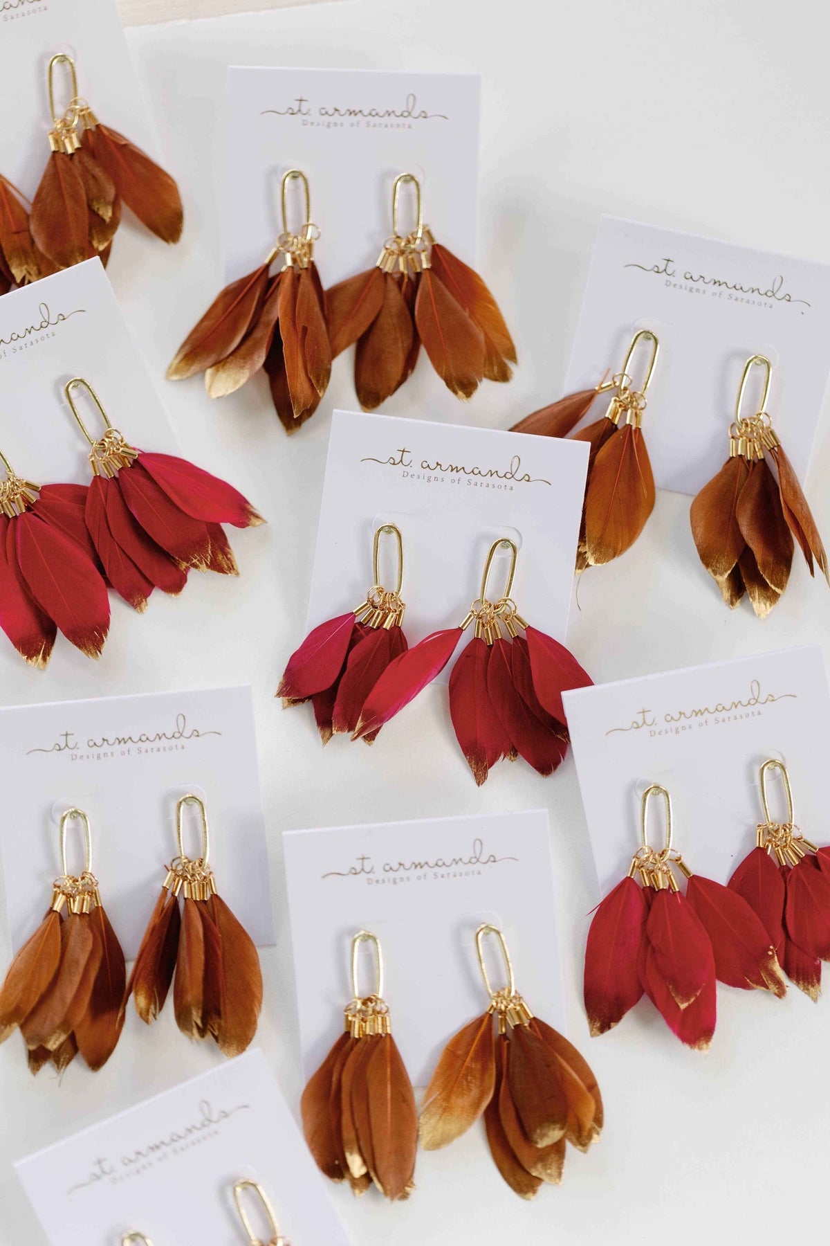 Garnet Gold Dipped Fall Feather Statement Earrings