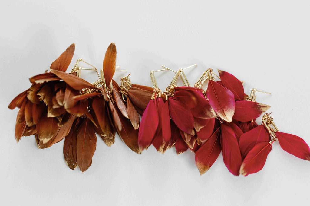 Caramel Gold Dipped Fall Feathers Statement Earrings