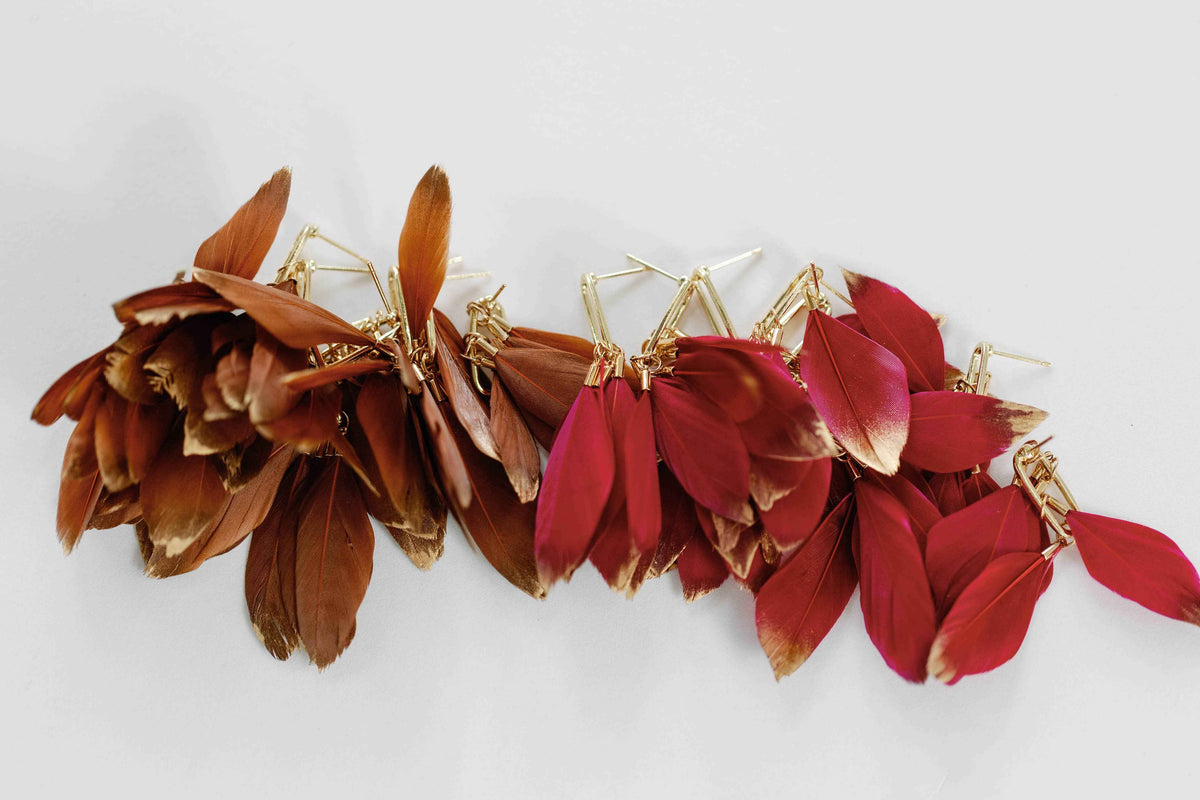 Caramel Gold Dipped Fall Feathers Statement Earrings