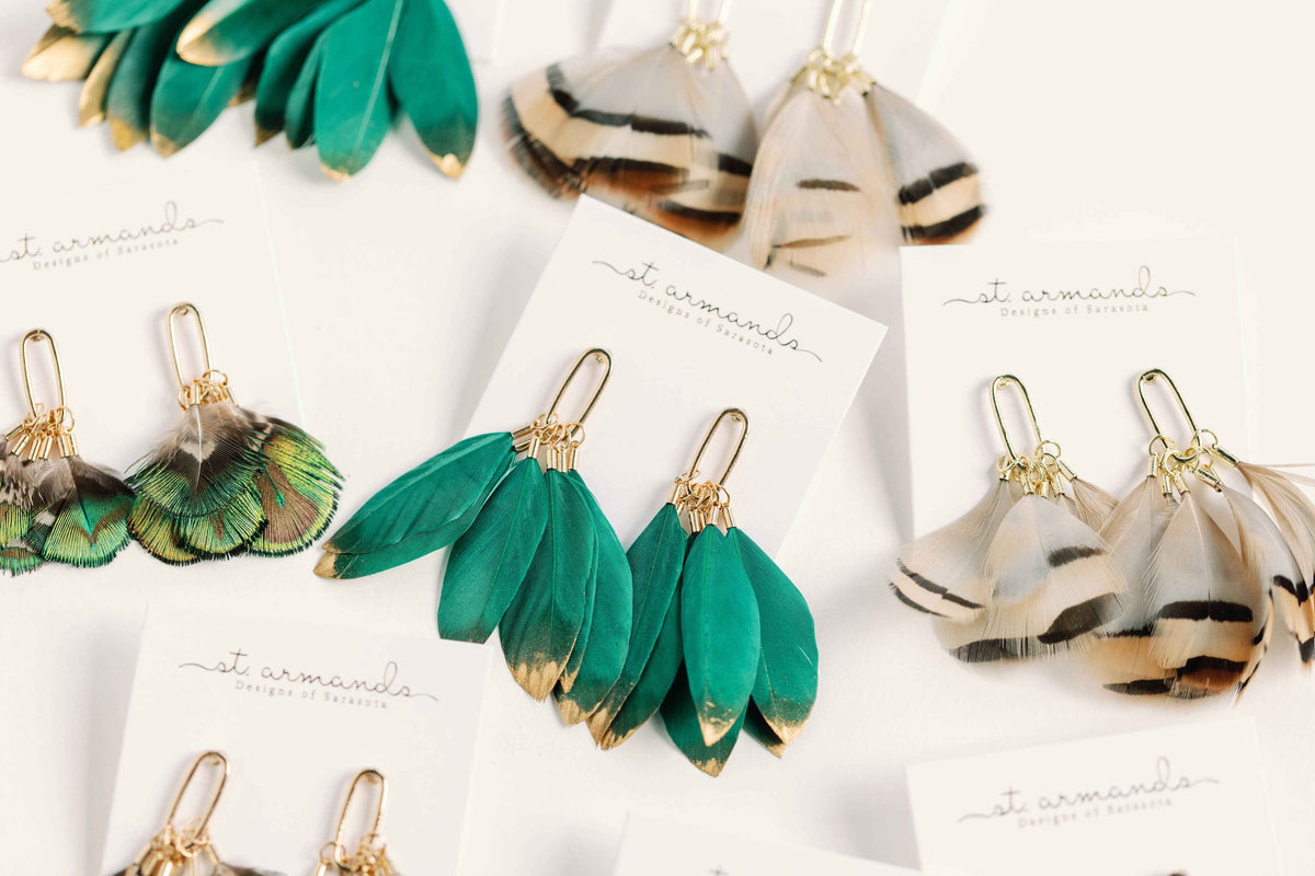 Emerald Gold Dipped Fall Feather Tassel Statement Earrings