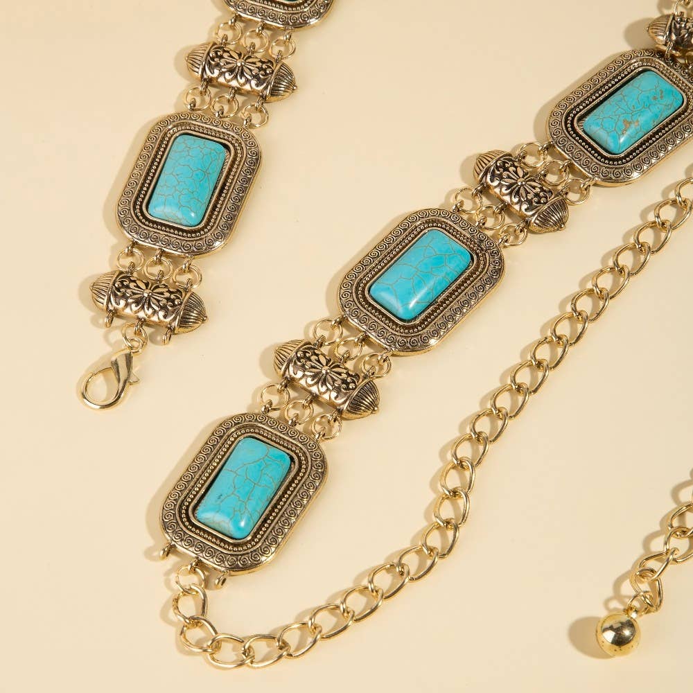 Rectangle Turquoise Stone Western Concho Chain Belt