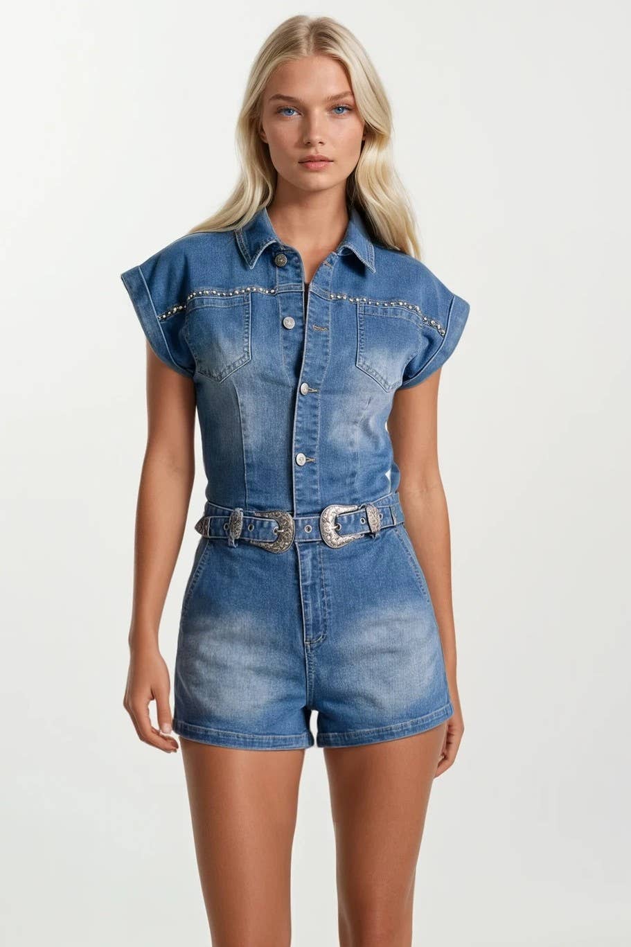 Embroidered Red Roses Denim Romper