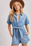 Denim Belted Button Down Romper