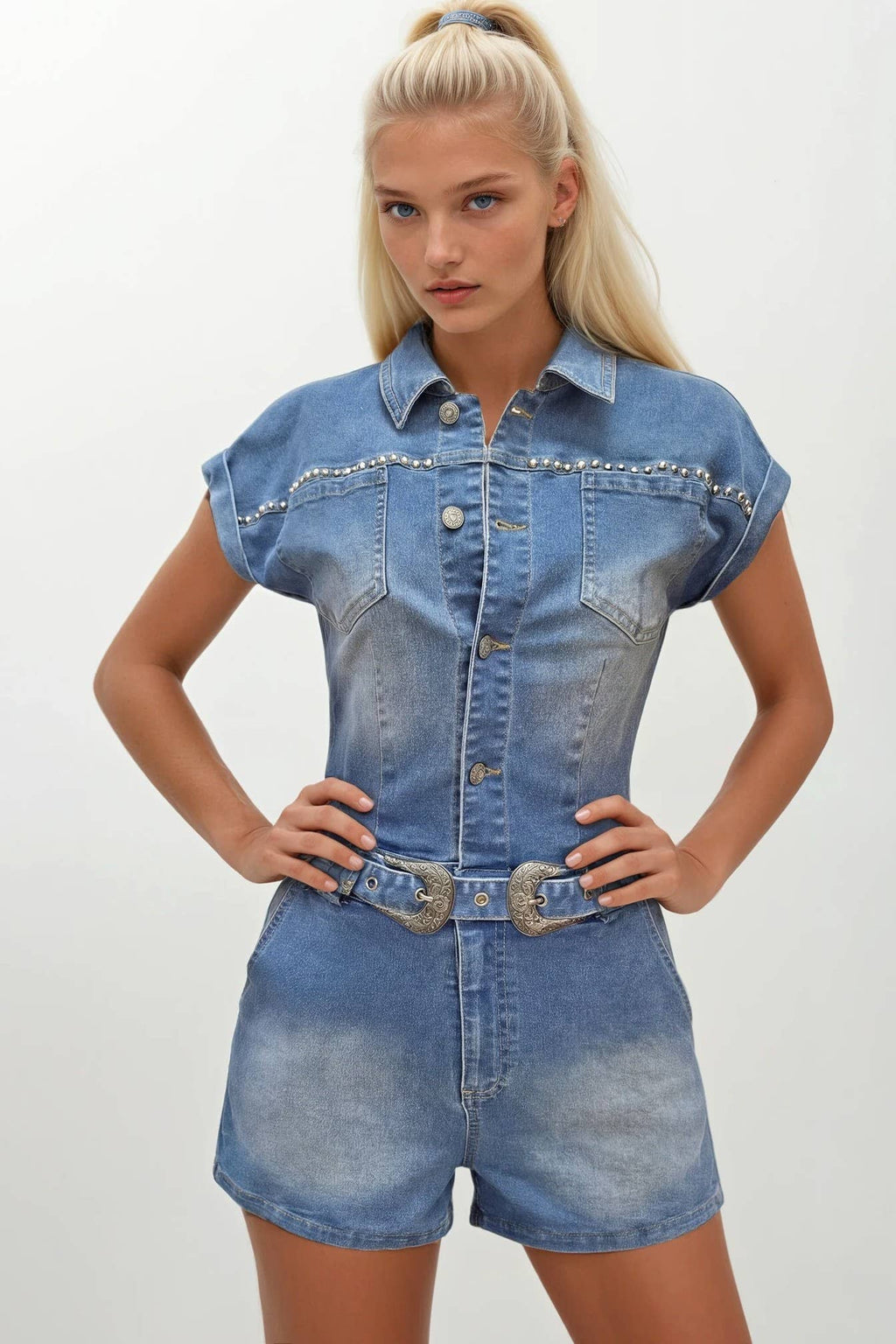 Embroidered Red Roses Denim Romper