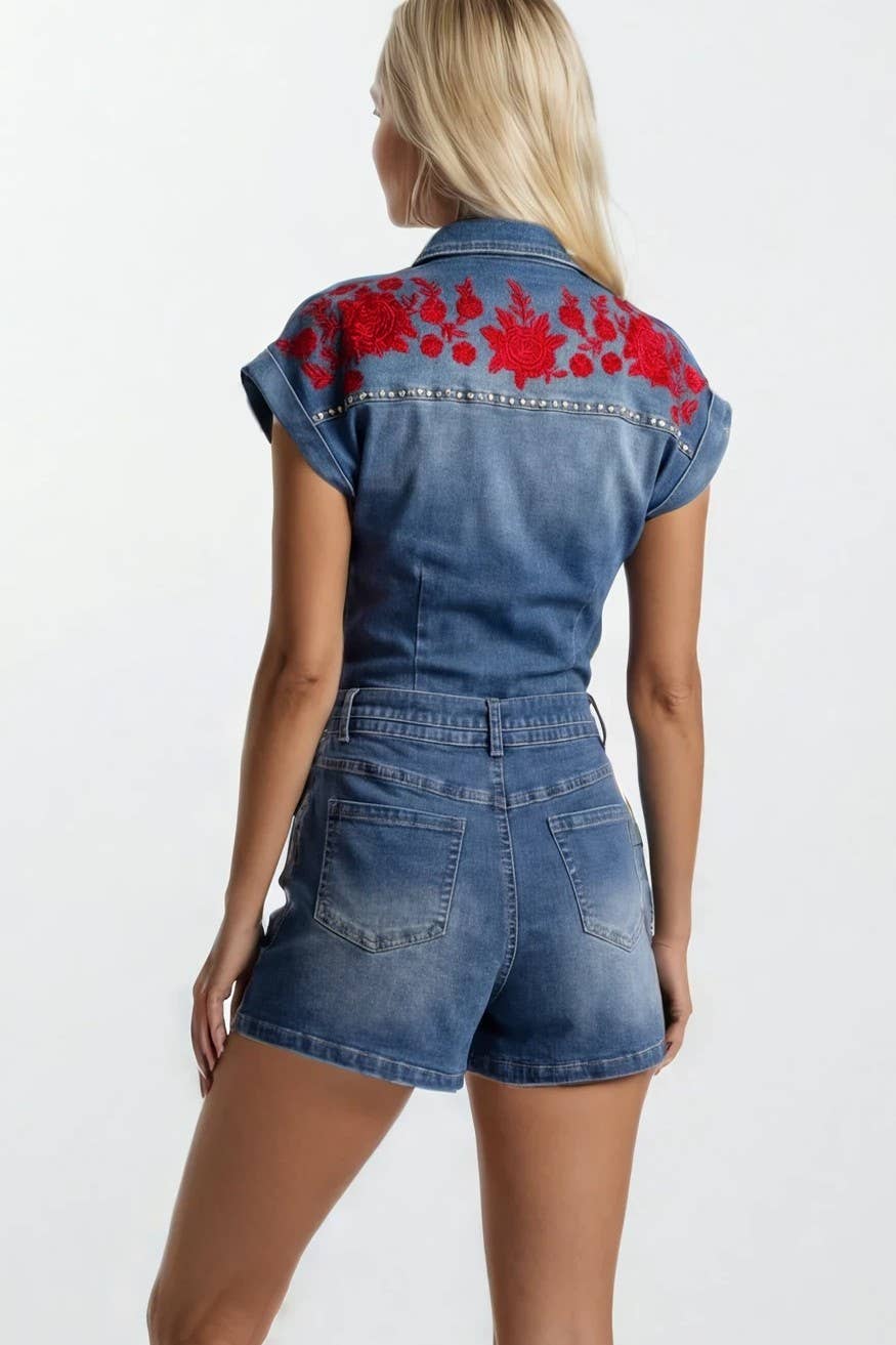 Embroidered Red Roses Denim Romper
