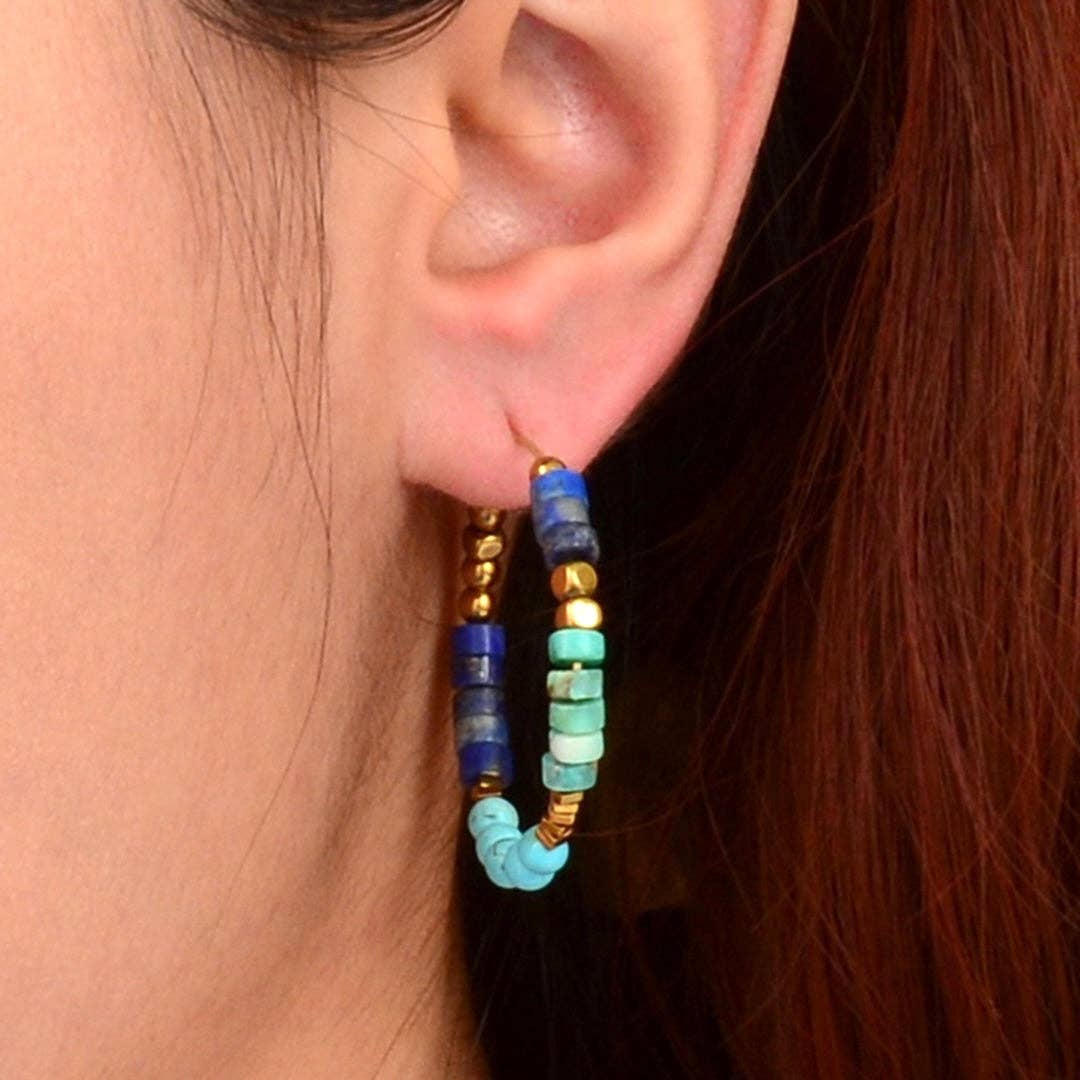 Blue Turquoise and Blue Lapis Golden Hoop Earrings