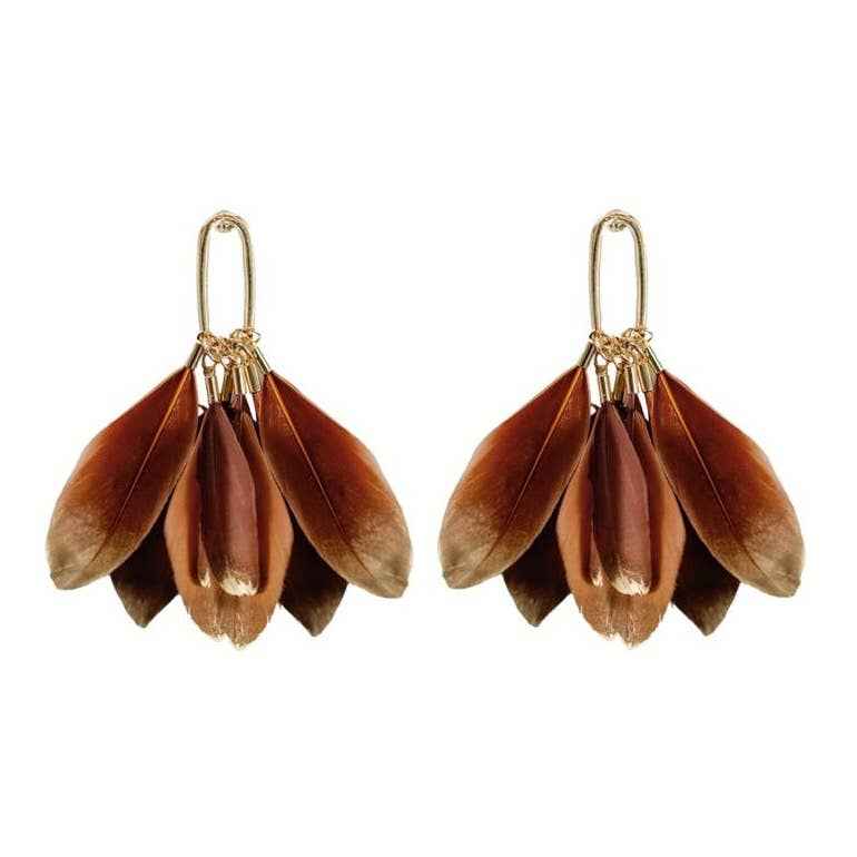 Caramel Gold Dipped Fall Feathers Statement Earrings