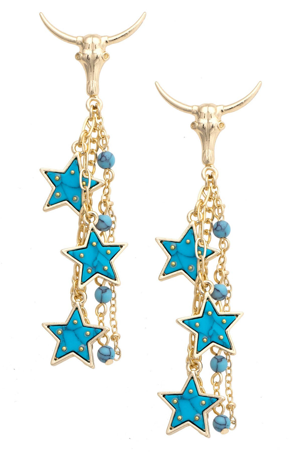 Steer Skull Star Earrings in Shiny Gold