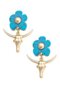 Riadosa Steer Skull Flower Earrings in Shiny Gold
