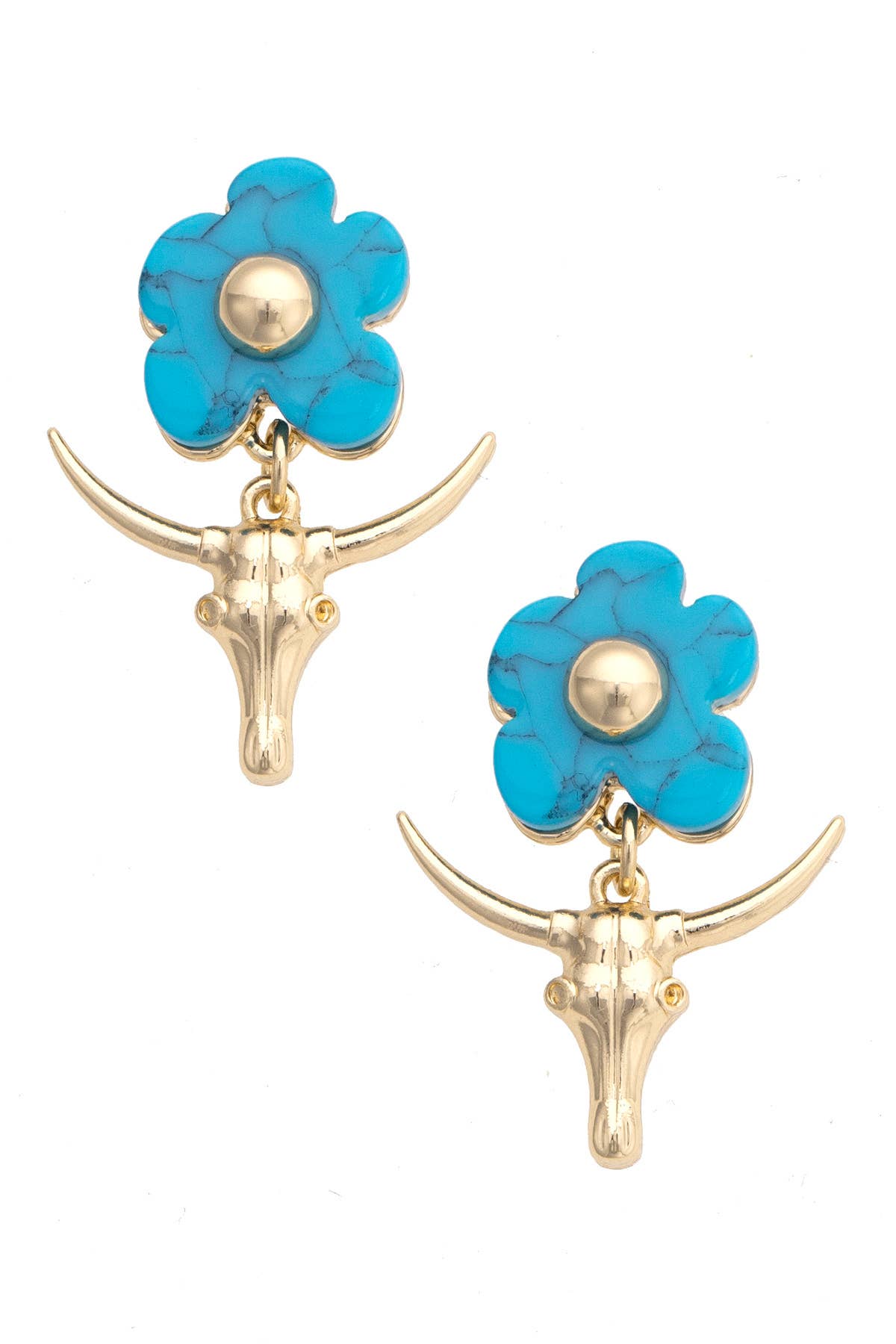 Riadosa Steer Skull Flower Earrings in Shiny Gold
