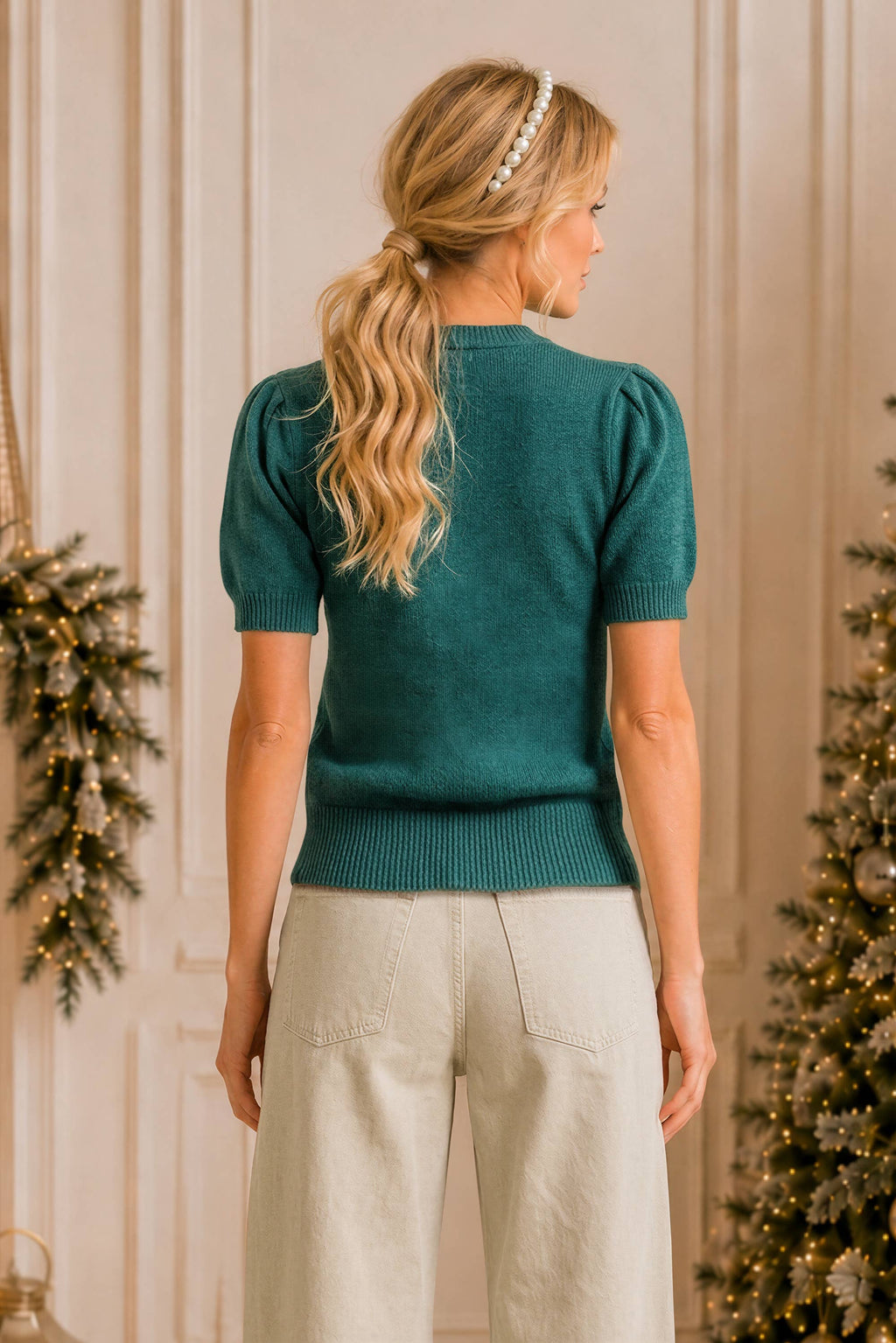 Merry Rhinestone Puff Sleeve Holiday Sweater Top