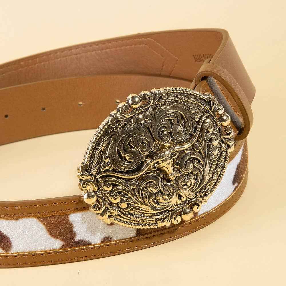 Embroidered Longhorn Western Buckle Vegan Leather Belt