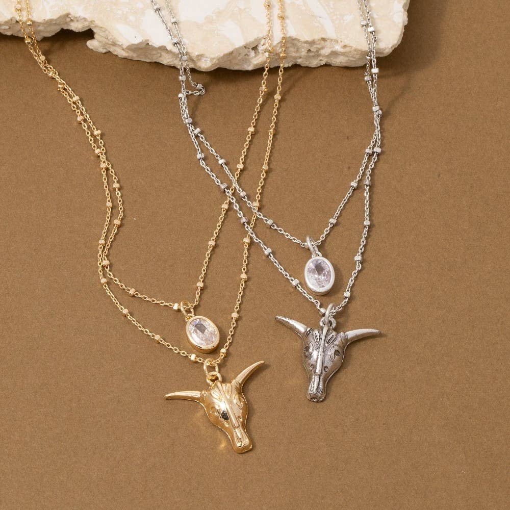 Western Bull Skull & Cz Layered Satellite Chain Necklace