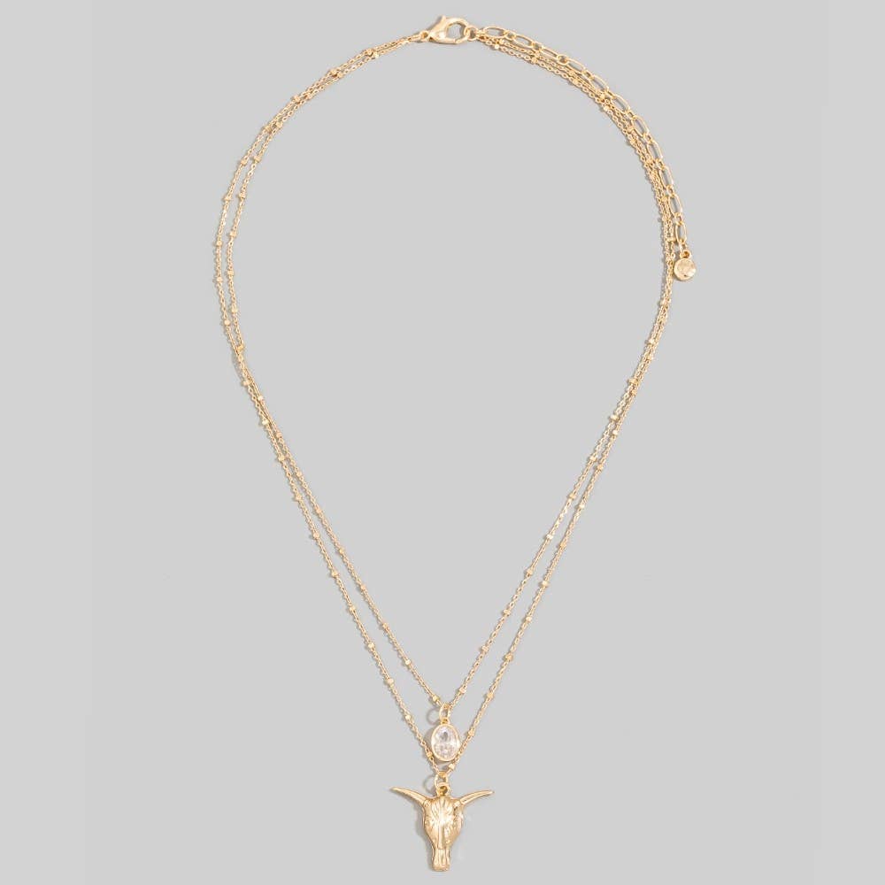 Western Bull Skull & Cz Layered Satellite Chain Necklace