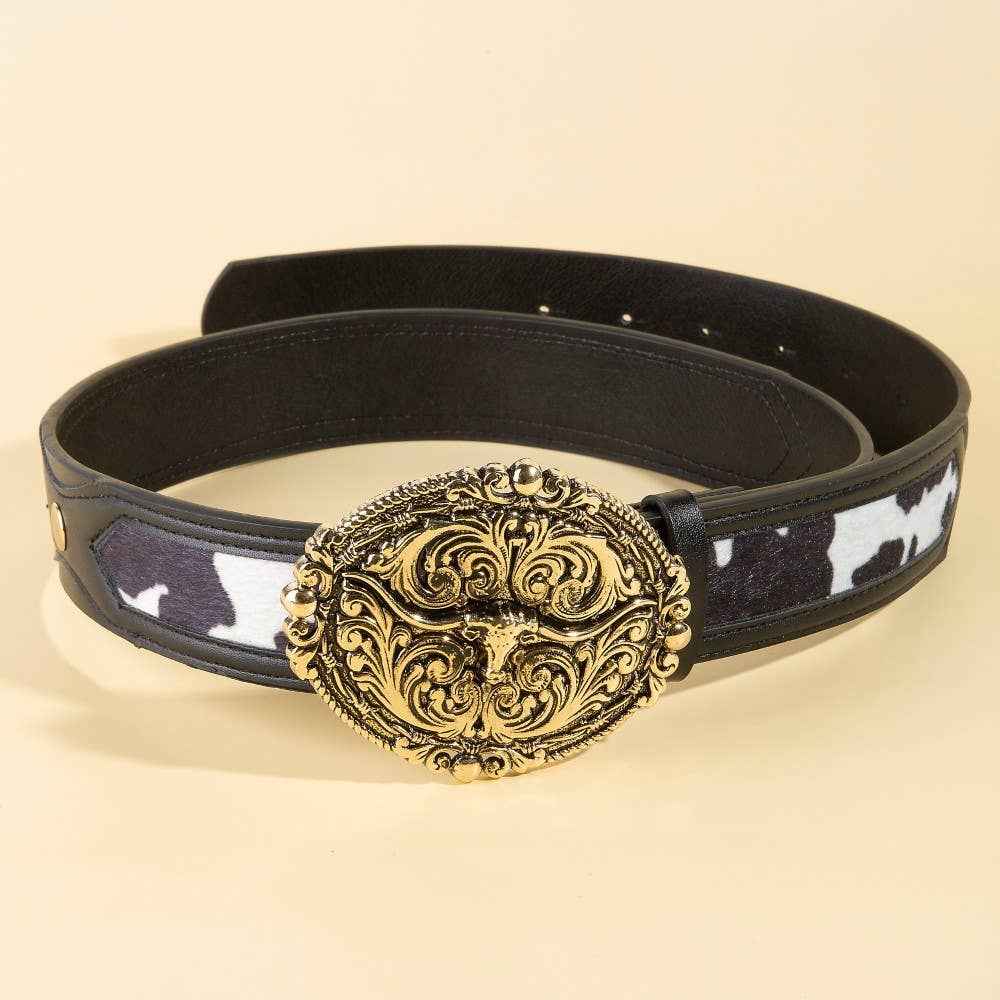 Embroidered Longhorn Western Buckle Vegan Leather Belt