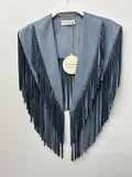 TRENDY DENIM BLUE WESTERN FRINGE SUEDE COLLAR-SHRUG