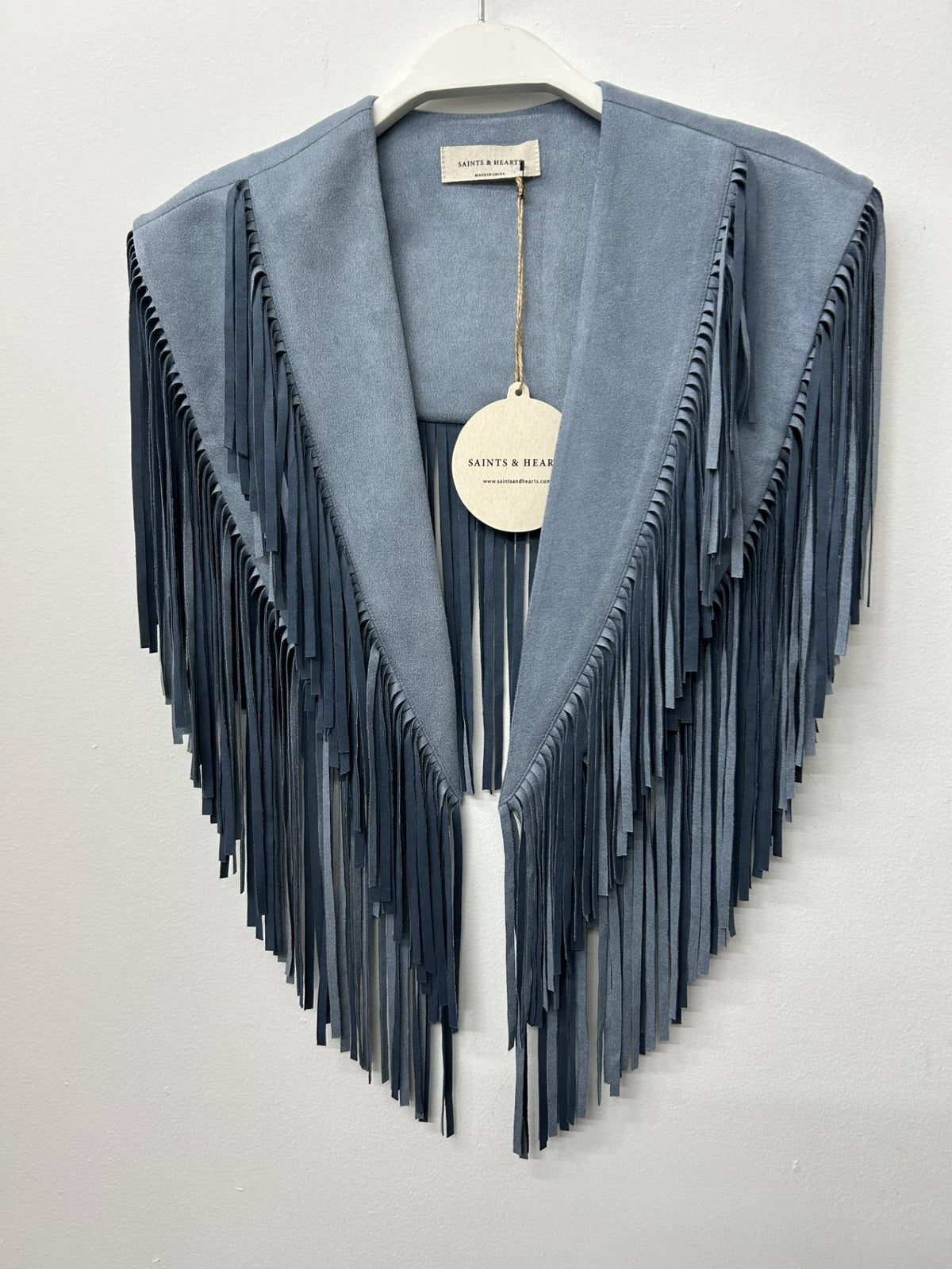 TRENDY DENIM BLUE WESTERN FRINGE SUEDE COLLAR-SHRUG