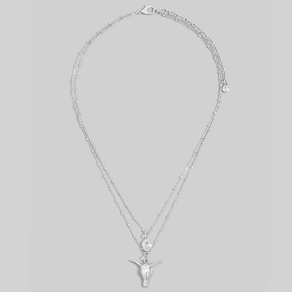 Western Bull Skull & Cz Layered Satellite Chain Necklace