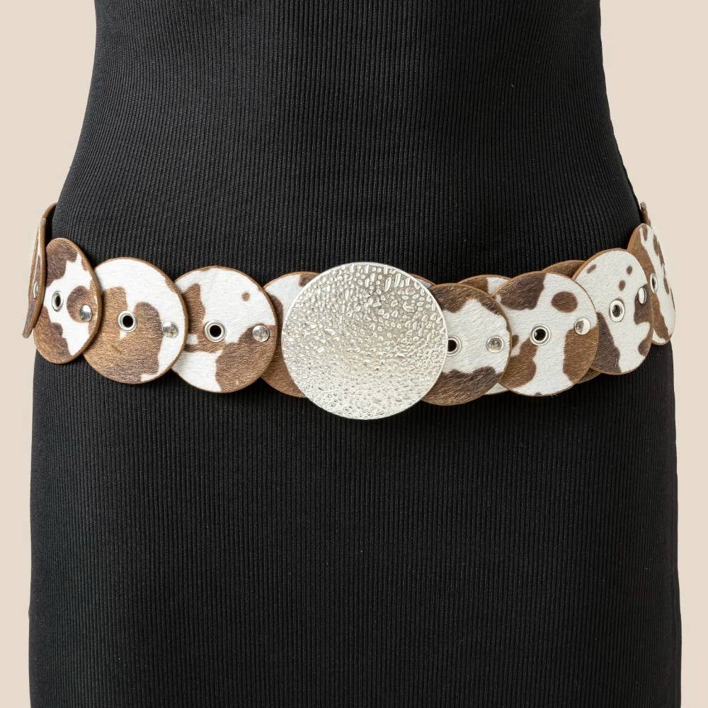 Western Inspired Faux Cowhide Large Round Buckle Belt