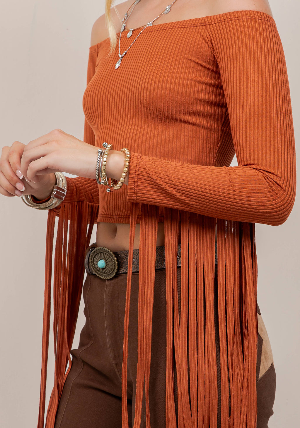 ST7130B RUST FRINGE SLEEVE OFF THE SHOULDER TOP