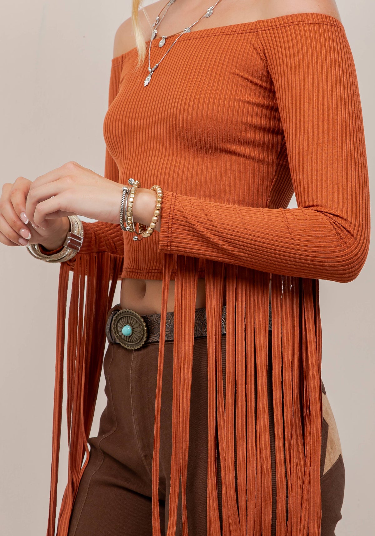 ST7130B RUST FRINGE SLEEVE OFF THE SHOULDER TOP