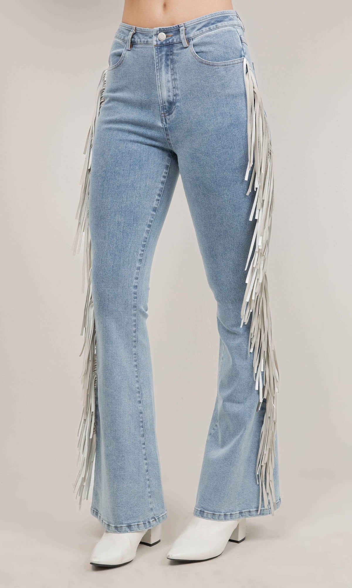 CONTRAST SIDE FRINGE DENIM PANTS