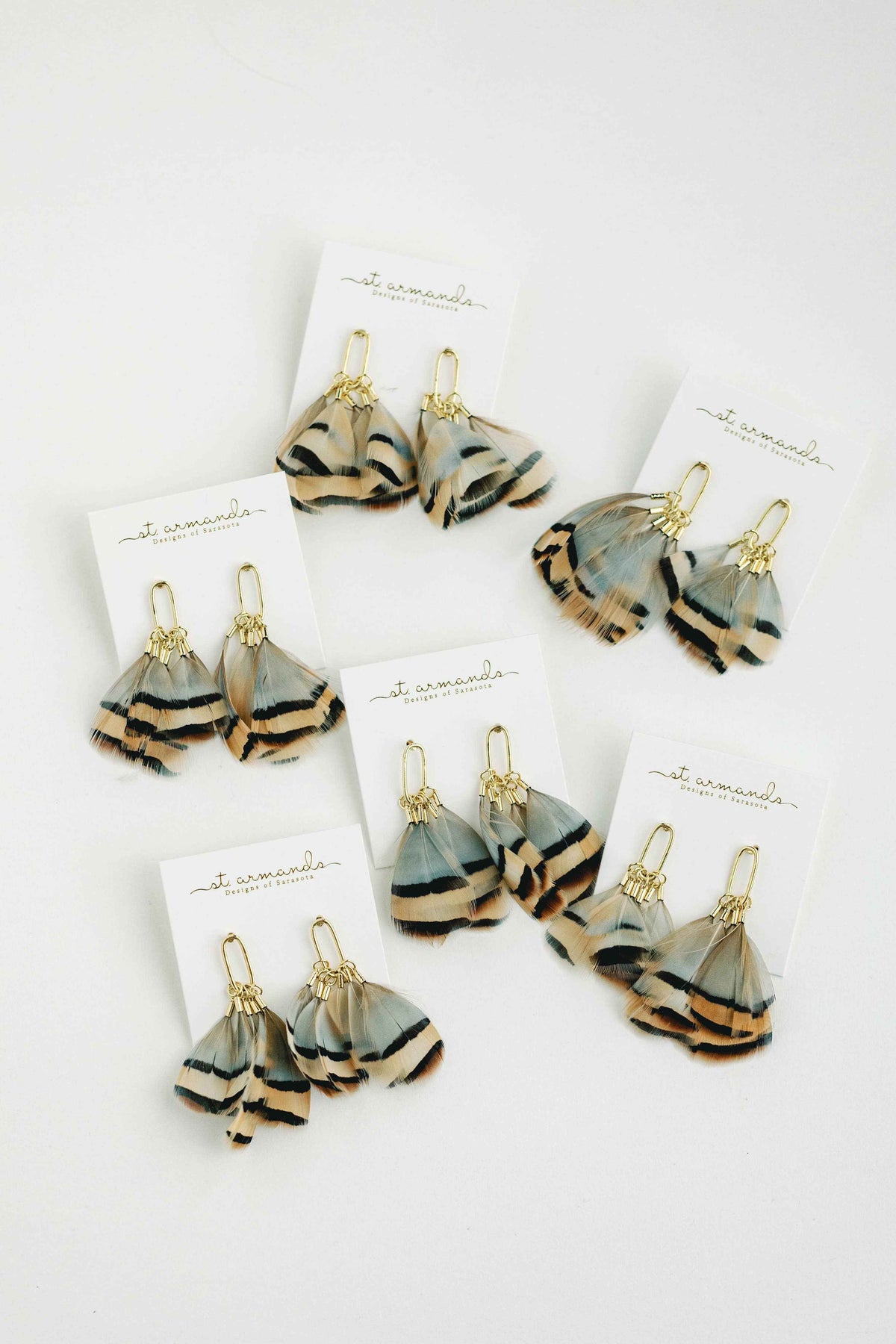 Brown Striped Fall Feather Statement Tassel Earrings
