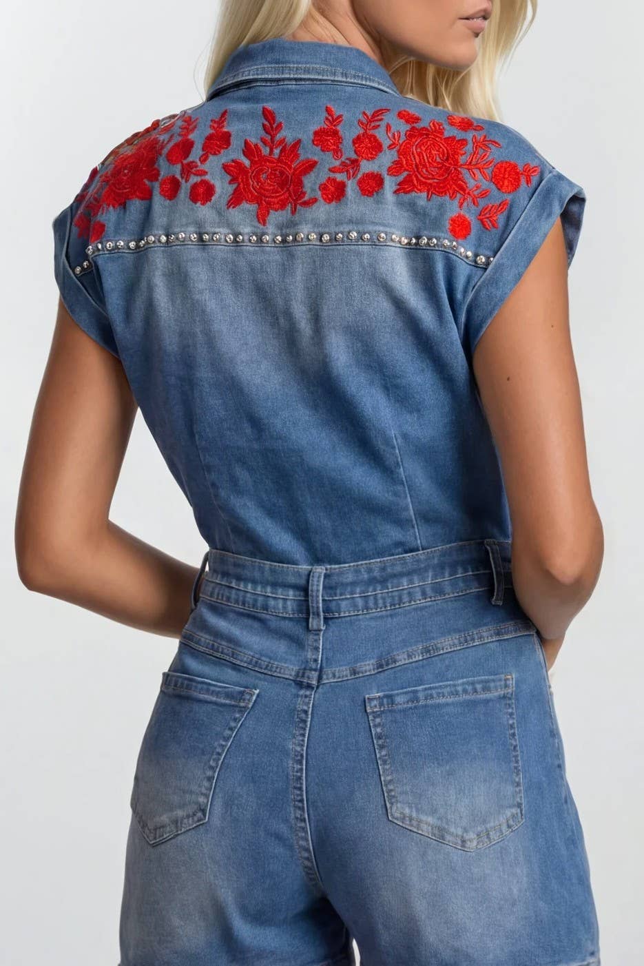 Embroidered Red Roses Denim Romper