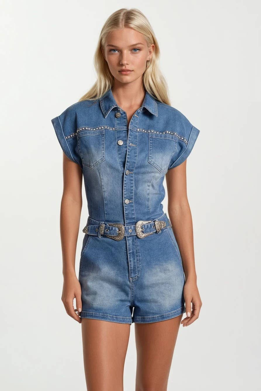 Embroidered Red Roses Denim Romper