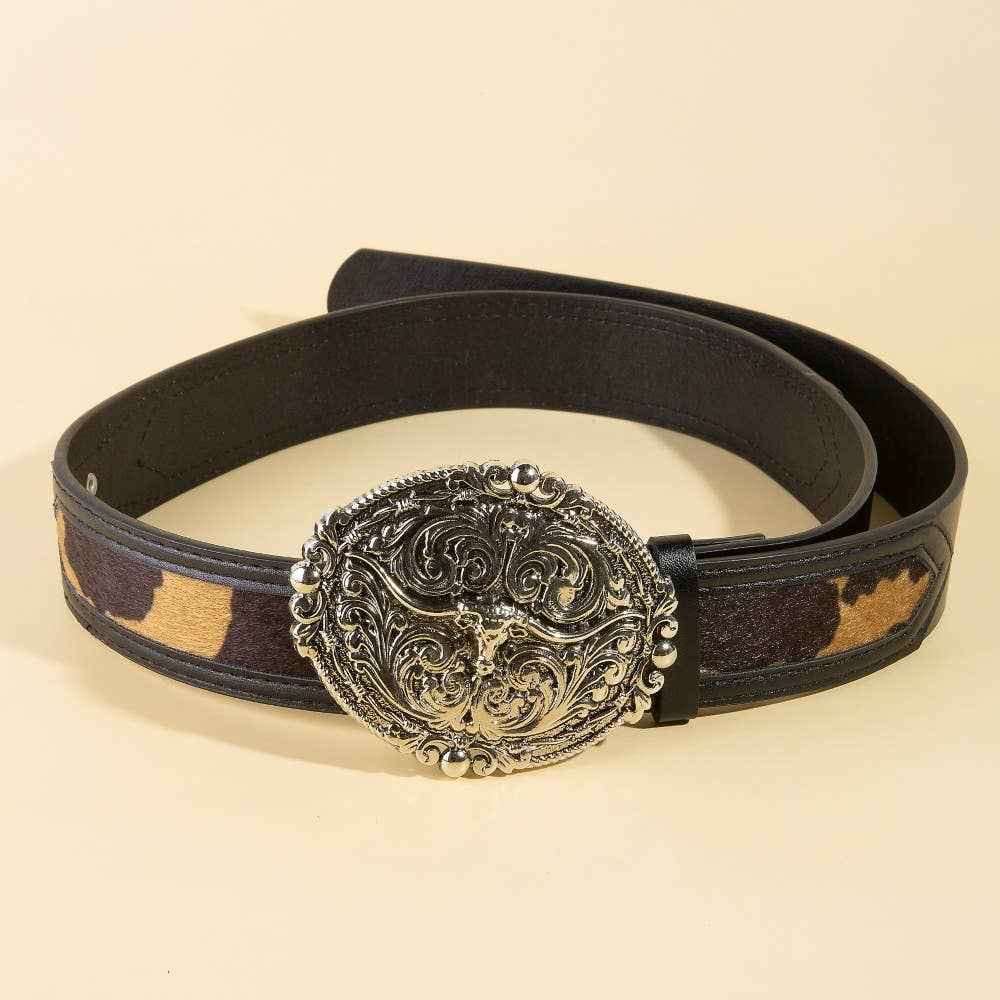 Embroidered Longhorn Western Buckle Vegan Leather Belt