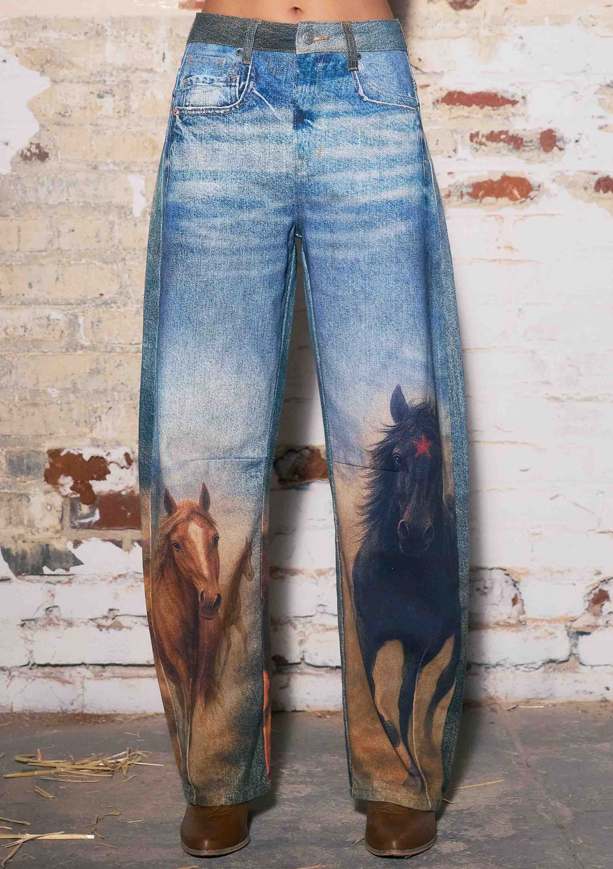 Horse Print Barrel Jeans