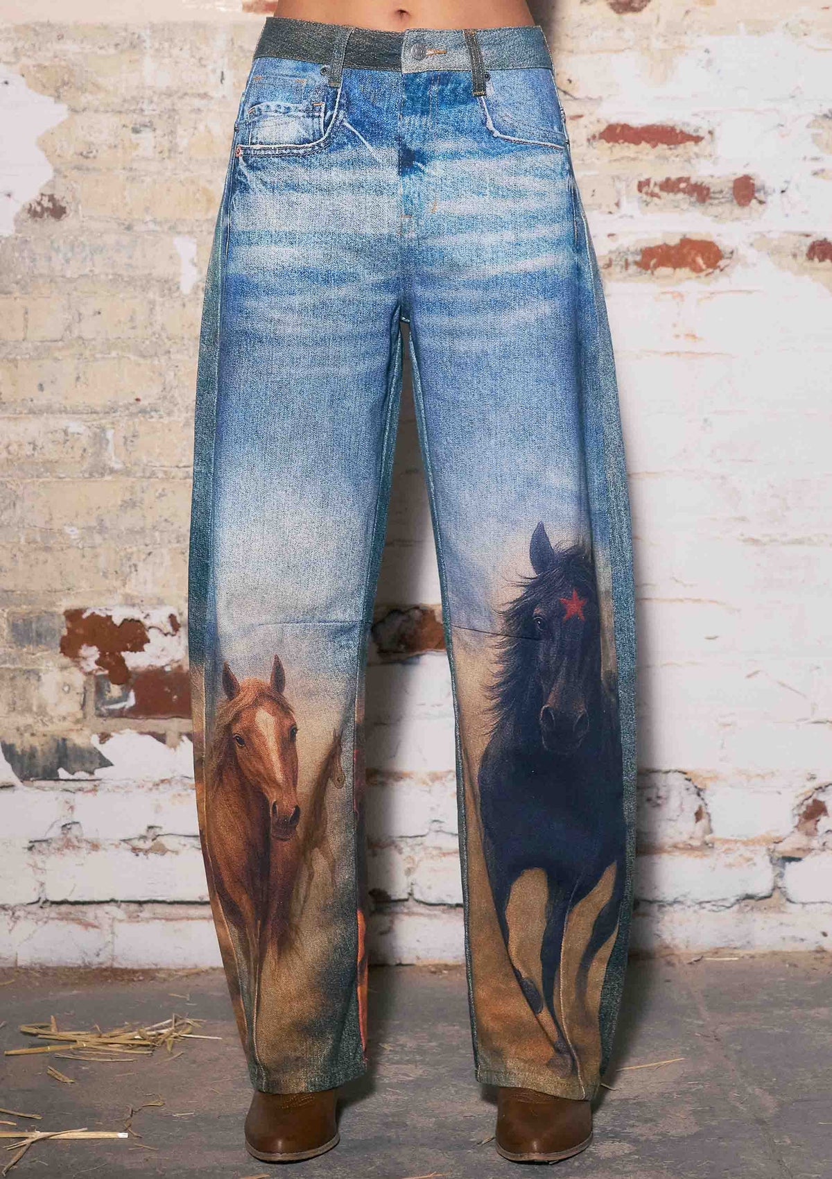 Horse Print Barrel Jeans