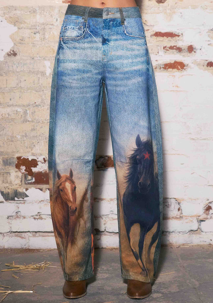 Horse Print Barrel Jeans