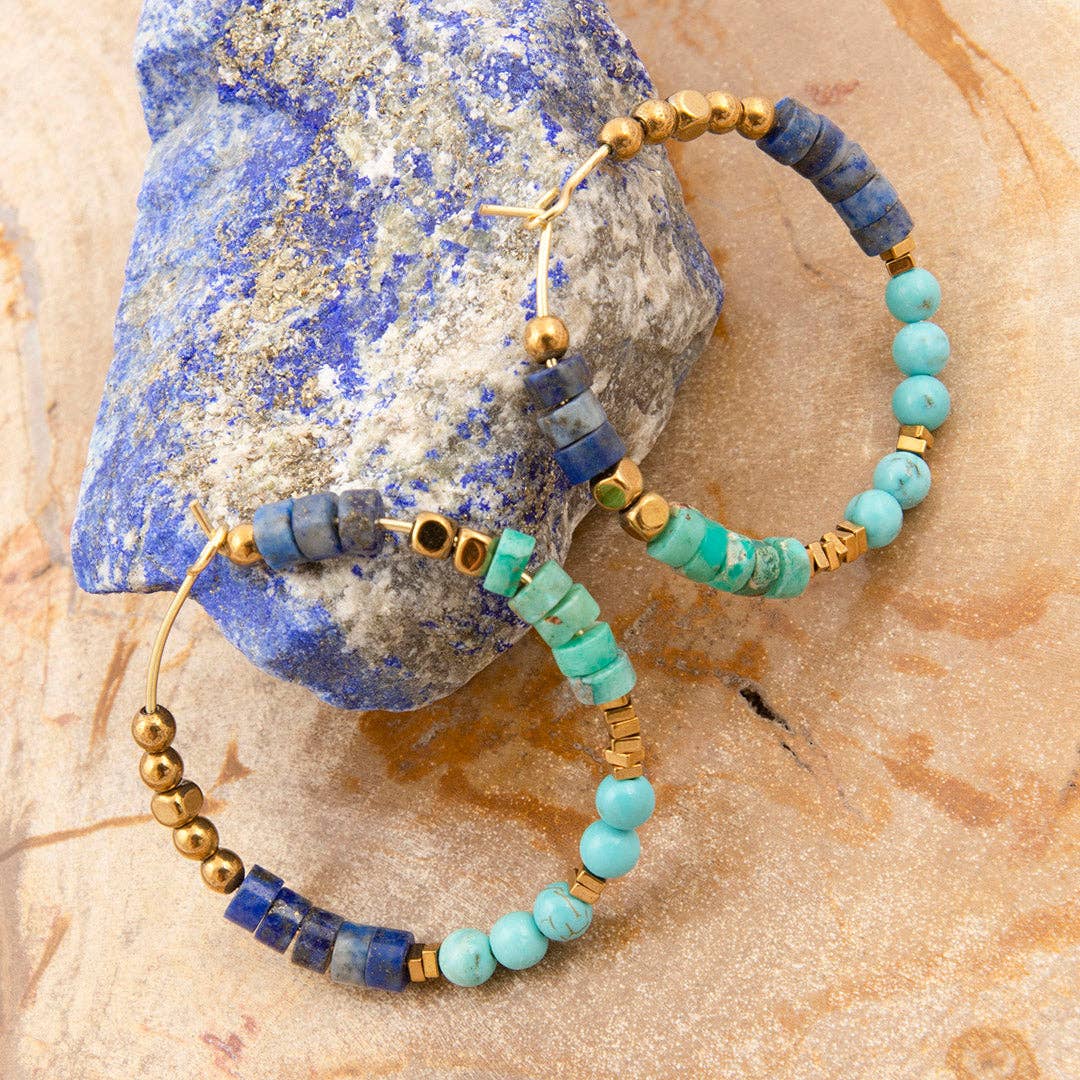 Blue Turquoise and Blue Lapis Golden Hoop Earrings
