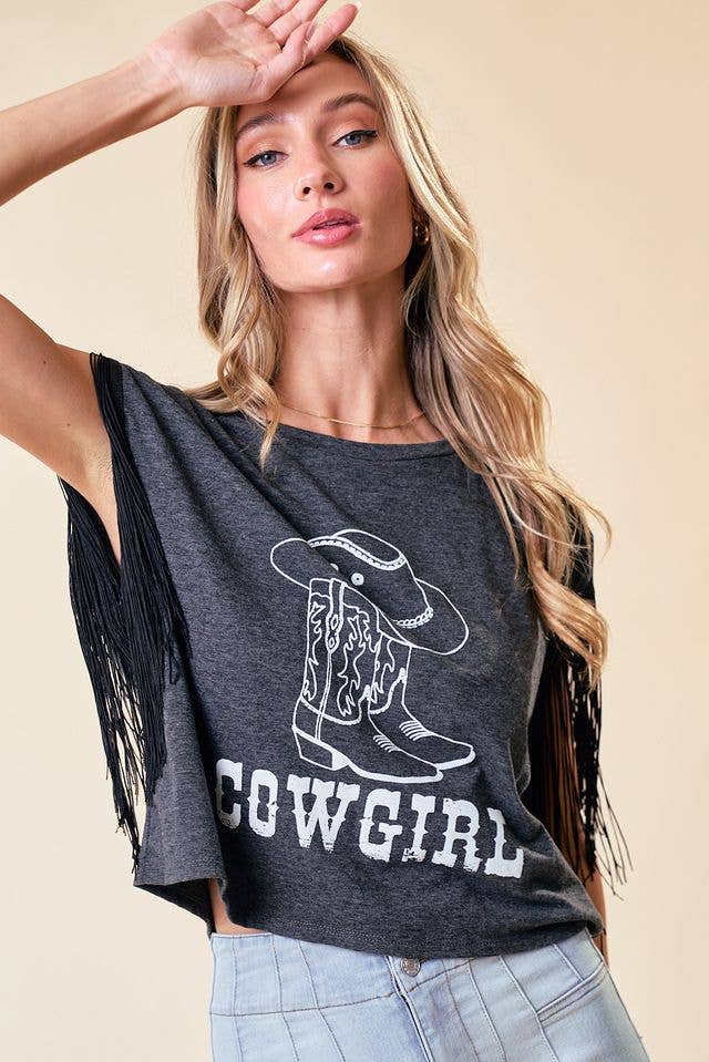 ST3844B CHARCOAL FRINGED COWGIRL GRAPHIC TEE (Copy)
