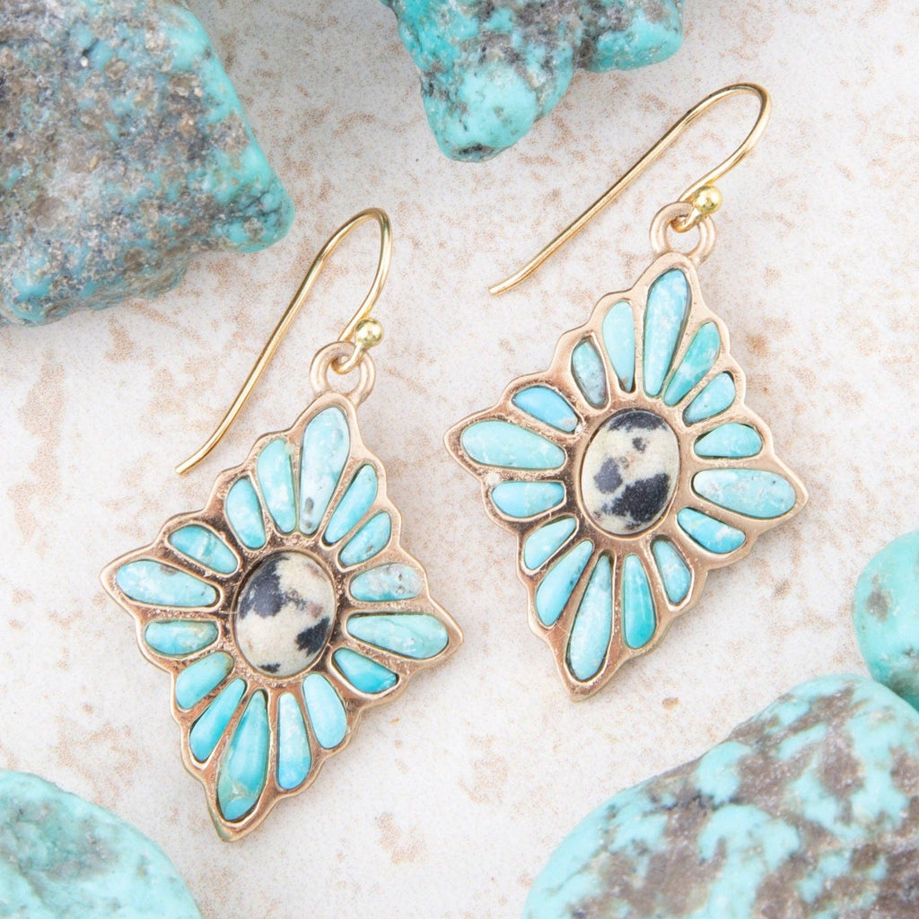 Tulum Blue Turquoise Golden Cross Earrings