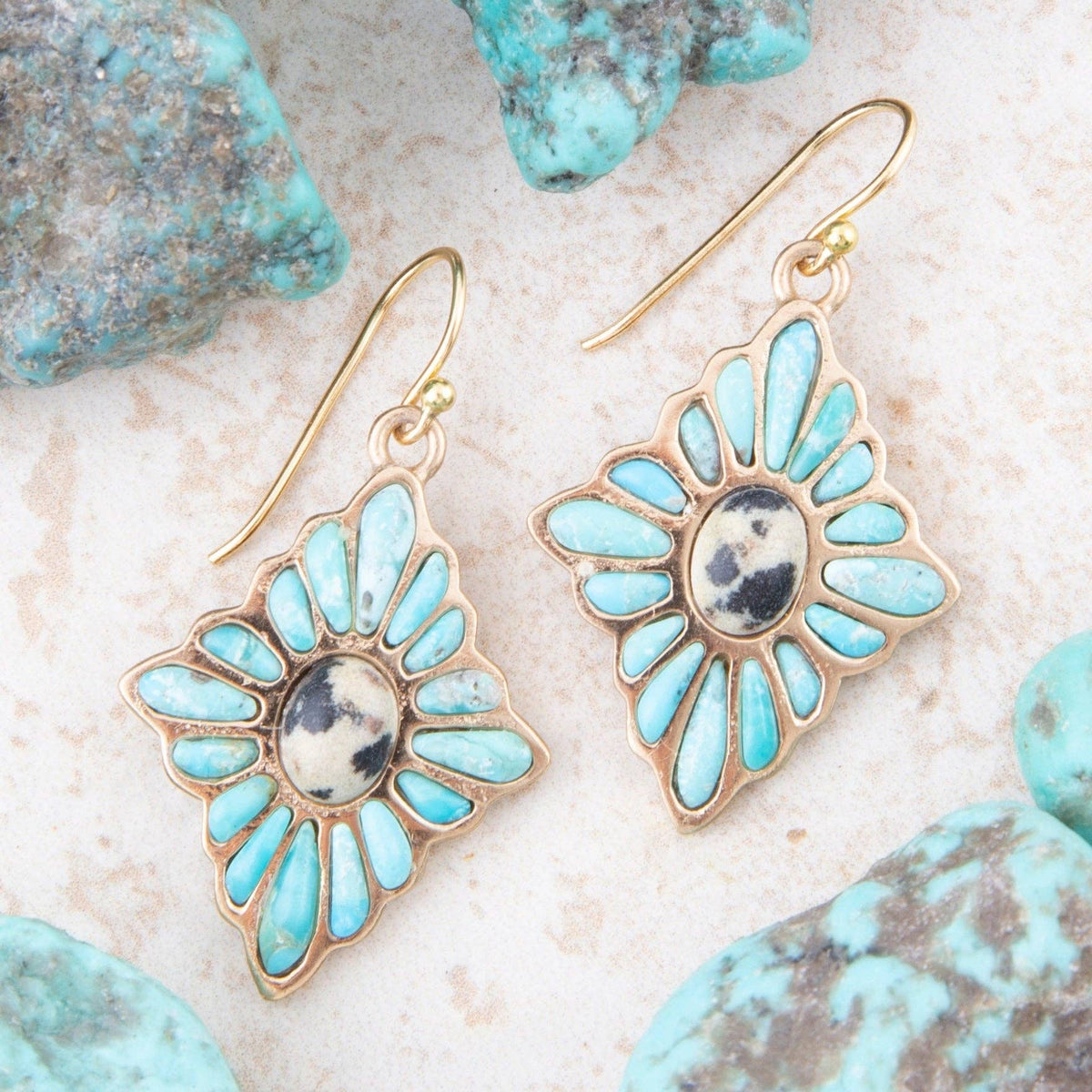 Tulum Blue Turquoise Golden Cross Earrings