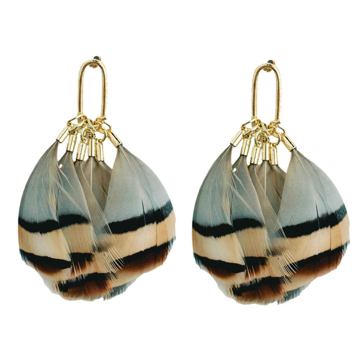 Brown Striped Fall Feather Statement Tassel Earrings